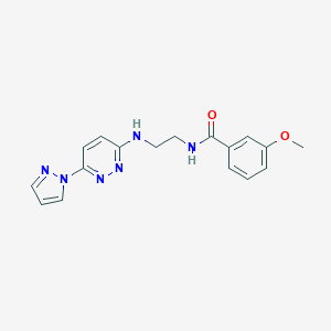 molecular formula C17H18N6O2 B504523 3-methoxy-N-(2-{[6-(1H-pyrazol-1-yl)-3-pyridazinyl]amino}ethyl)benzamide 