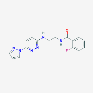 molecular formula C16H15FN6O B504529 2-fluoro-N-(2-{[6-(1H-pyrazol-1-yl)-3-pyridazinyl]amino}ethyl)benzamide 