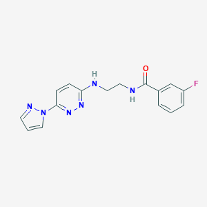 molecular formula C16H15FN6O B504530 3-fluoro-N-(2-{[6-(1H-pyrazol-1-yl)-3-pyridazinyl]amino}ethyl)benzamide 