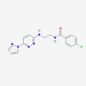 molecular formula C16H15ClN6O B504533 4-chloro-N-(2-{[6-(1H-pyrazol-1-yl)-3-pyridazinyl]amino}ethyl)benzamide 