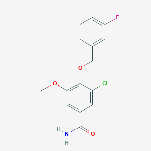 molecular formula C15H13ClFNO3 B5045399 3-Chloro-4-[(3-fluorophenyl)methoxy]-5-methoxybenzamide 