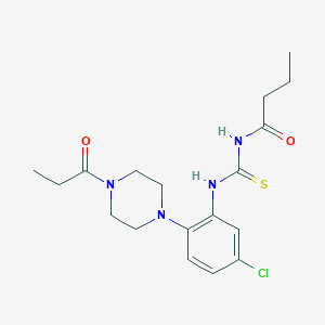 molecular formula C18H25ClN4O2S B504661 N-{[5-chloro-2-(4-propanoylpiperazin-1-yl)phenyl]carbamothioyl}butanamide 