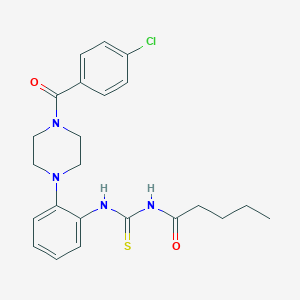 molecular formula C23H27ClN4O2S B504738 N-{2-[4-(4-chlorobenzoyl)-1-piperazinyl]phenyl}-N'-pentanoylthiourea 