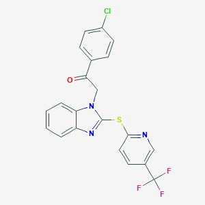 molecular formula C21H13ClF3N3OS B504866 1-(4-chlorophenyl)-2-(2-{[5-(trifluoromethyl)-2-pyridinyl]sulfanyl}-1H-benzimidazol-1-yl)ethanone 