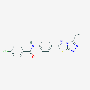 molecular formula C18H14ClN5OS B504912 4-chloro-N-[4-(3-ethyl[1,2,4]triazolo[3,4-b][1,3,4]thiadiazol-6-yl)phenyl]benzamide 