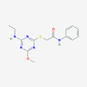 2-{[4-(ethylamino)-6-methoxy-1,3,5-triazin-2-yl]thio}-N-phenylacetamide