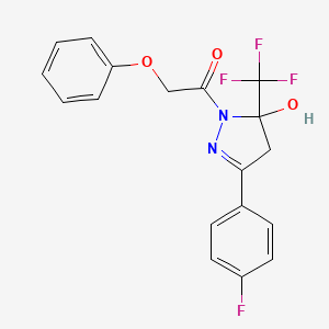 molecular formula C18H14F4N2O3 B5050577 3-(4-fluorophenyl)-1-(phenoxyacetyl)-5-(trifluoromethyl)-4,5-dihydro-1H-pyrazol-5-ol 