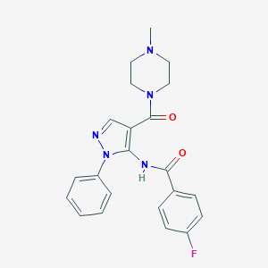 molecular formula C22H22FN5O2 B505167 4-fluoro-N-{4-[(4-methylpiperazin-1-yl)carbonyl]-1-phenyl-1H-pyrazol-5-yl}benzamide 
