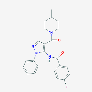 molecular formula C23H23FN4O2 B505168 4-fluoro-N-{4-[(4-methyl-1-piperidinyl)carbonyl]-1-phenyl-1H-pyrazol-5-yl}benzamide 