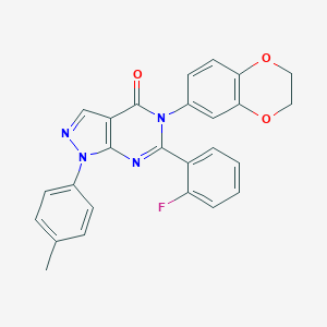 molecular formula C26H19FN4O3 B505185 5-(2,3-dihydro-1,4-benzodioxin-6-yl)-6-(2-fluorophenyl)-1-(4-methylphenyl)-1,5-dihydro-4H-pyrazolo[3,4-d]pyrimidin-4-one 