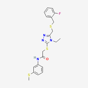 molecular formula C21H23FN4OS3 B5052901 2-[[4-ethyl-5-[(2-fluorophenyl)methylsulfanylmethyl]-1,2,4-triazol-3-yl]sulfanyl]-N-(3-methylsulfanylphenyl)acetamide 