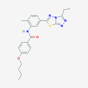 molecular formula C23H25N5O2S B505355 4-butoxy-N-[5-(3-ethyl[1,2,4]triazolo[3,4-b][1,3,4]thiadiazol-6-yl)-2-methylphenyl]benzamide 