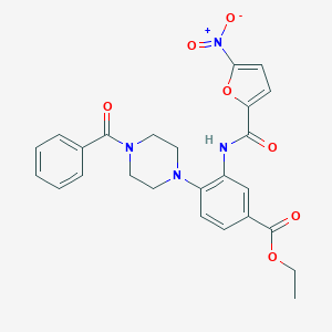 molecular formula C25H24N4O7 B505446 Ethyl 4-(4-benzoyl-1-piperazinyl)-3-({5-nitro-2-furoyl}amino)benzoate 