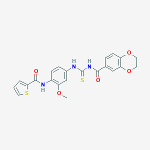 molecular formula C22H19N3O5S2 B505579 N-({3-methoxy-4-[(thiophen-2-ylcarbonyl)amino]phenyl}carbamothioyl)-2,3-dihydro-1,4-benzodioxine-6-carboxamide 