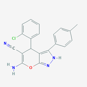 molecular formula C20H15ClN4O B505637 6-Amino-4-(2-chlorophenyl)-3-(4-methylphenyl)-1,4-dihydropyrano[2,3-c]pyrazole-5-carbonitrile 