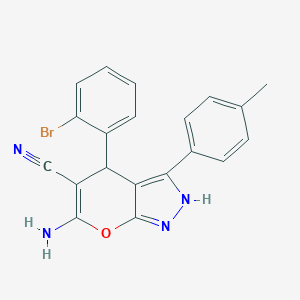 molecular formula C20H15BrN4O B505642 6-Amino-4-(2-bromophenyl)-3-(4-methylphenyl)-1,4-dihydropyrano[2,3-c]pyrazole-5-carbonitrile 