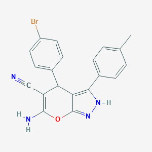 molecular formula C20H15BrN4O B505644 6-Amino-4-(4-bromophenyl)-3-(4-methylphenyl)-1,4-dihydropyrano[2,3-c]pyrazole-5-carbonitrile 