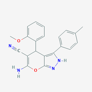 molecular formula C21H18N4O2 B505647 6-Amino-4-(2-methoxyphenyl)-3-(4-methylphenyl)-1,4-dihydropyrano[2,3-c]pyrazole-5-carbonitrile 
