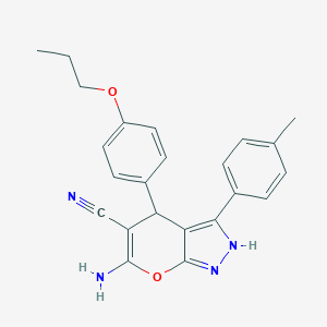 molecular formula C23H22N4O2 B505648 6-Amino-3-(4-methylphenyl)-4-(4-propoxyphenyl)-1,4-dihydropyrano[2,3-c]pyrazole-5-carbonitrile 