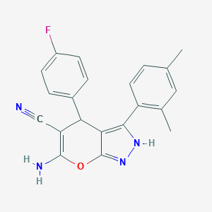 molecular formula C21H17FN4O B505654 6-Amino-3-(2,4-dimethylphenyl)-4-(4-fluorophenyl)-2,4-dihydropyrano[2,3-c]pyrazole-5-carbonitrile 