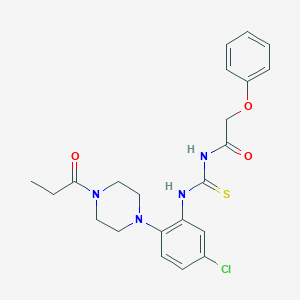 molecular formula C22H25ClN4O3S B505760 N-[5-chloro-2-(4-propionyl-1-piperazinyl)phenyl]-N'-(phenoxyacetyl)thiourea 