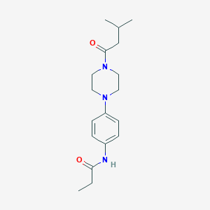 molecular formula C18H27N3O2 B505799 N-{4-[4-(3-methylbutanoyl)-1-piperazinyl]phenyl}propanamide 
