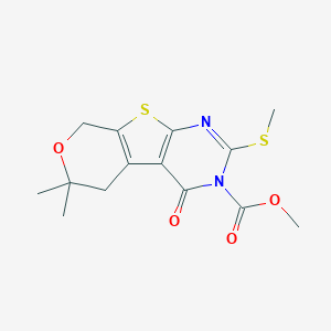 molecular formula C14H16N2O4S2 B506096 methyl 6,6-dimethyl-2-(methylsulfanyl)-4-oxo-5,8-dihydro-4H-pyrano[4',3':4,5]thieno[2,3-d]pyrimidine-3(6H)-carboxylate 