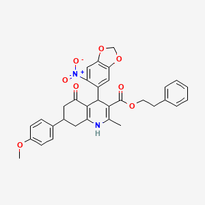 molecular formula C33H30N2O8 B5061545 2-phenylethyl 7-(4-methoxyphenyl)-2-methyl-4-(6-nitro-1,3-benzodioxol-5-yl)-5-oxo-1,4,5,6,7,8-hexahydro-3-quinolinecarboxylate 