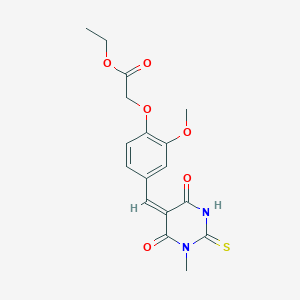 molecular formula C17H18N2O6S B506189 ethyl {2-methoxy-4-[(E)-(1-methyl-4,6-dioxo-2-thioxotetrahydropyrimidin-5(2H)-ylidene)methyl]phenoxy}acetate 