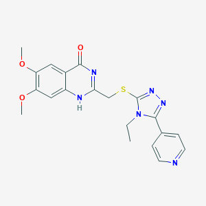 molecular formula C20H20N6O3S B506238 2-[(4-ethyl-5-pyridin-4-yl-1,2,4-triazol-3-yl)sulfanylmethyl]-6,7-dimethoxy-1H-quinazolin-4-one 