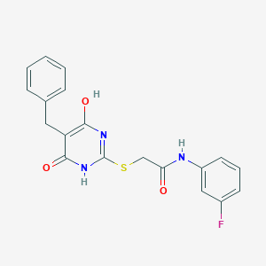 molecular formula C19H16FN3O3S B506302 2-[(5-benzyl-4-hydroxy-6-oxo-1,6-dihydro-2-pyrimidinyl)sulfanyl]-N-(3-fluorophenyl)acetamide 