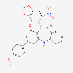 molecular formula C27H23N3O6 B5063245 3-(4-methoxyphenyl)-11-(6-nitro-1,3-benzodioxol-5-yl)-2,3,4,5,10,11-hexahydro-1H-dibenzo[b,e][1,4]diazepin-1-one 