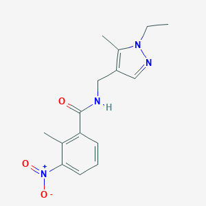 molecular formula C15H18N4O3 B506354 N-[(1-ethyl-5-methyl-1H-pyrazol-4-yl)methyl]-2-methyl-3-nitrobenzamide 
