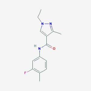 molecular formula C14H16FN3O B506381 1-ethyl-N-(3-fluoro-4-methylphenyl)-3-methyl-1H-pyrazole-4-carboxamide 