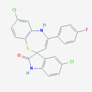 molecular formula C22H13Cl2FN2OS B506487 5',7-dichloro-4-(4-fluorophenyl)-1',2,3',5-tetrahydrospiro([1,5]benzothiazepine-2,3'-[2'H]-indole)-2'-one 