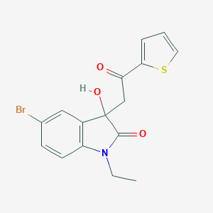 molecular formula C16H14BrNO3S B506689 5-bromo-1-ethyl-3-hydroxy-3-[2-oxo-2-(thiophen-2-yl)ethyl]-1,3-dihydro-2H-indol-2-one CAS No. 689769-82-2