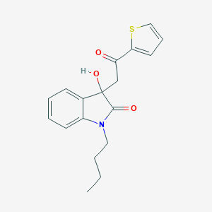 molecular formula C18H19NO3S B506694 1-butyl-3-hydroxy-3-[2-oxo-2-(thiophen-2-yl)ethyl]-1,3-dihydro-2H-indol-2-one CAS No. 689740-64-5