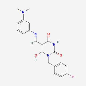 molecular formula C20H19FN4O3 B5067090 5-({[3-(dimethylamino)phenyl]amino}methylene)-1-(4-fluorobenzyl)-2,4,6(1H,3H,5H)-pyrimidinetrione 