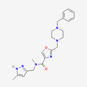 molecular formula C22H28N6O2 B5068516 2-[(4-benzyl-1-piperazinyl)methyl]-N-methyl-N-[(5-methyl-1H-pyrazol-3-yl)methyl]-1,3-oxazole-4-carboxamide 