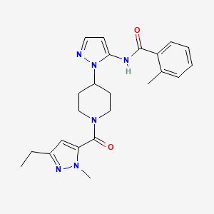 molecular formula C23H28N6O2 B5070022 N-(1-{1-[(3-ethyl-1-methyl-1H-pyrazol-5-yl)carbonyl]-4-piperidinyl}-1H-pyrazol-5-yl)-2-methylbenzamide 