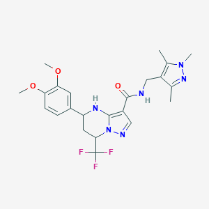 molecular formula C23H27F3N6O3 B507267 5-(3,4-dimethoxyphenyl)-7-(trifluoromethyl)-N-[(1,3,5-trimethyl-1H-pyrazol-4-yl)methyl]-4,5,6,7-tetrahydropyrazolo[1,5-a]pyrimidine-3-carboxamide 