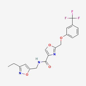 molecular formula C18H16F3N3O4 B5072941 N-[(3-ethyl-5-isoxazolyl)methyl]-2-{[3-(trifluoromethyl)phenoxy]methyl}-1,3-oxazole-4-carboxamide 