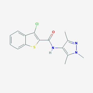 molecular formula C15H14ClN3OS B507880 3-chloro-N-(1,3,5-trimethyl-1H-pyrazol-4-yl)-1-benzothiophene-2-carboxamide CAS No. 515849-51-1