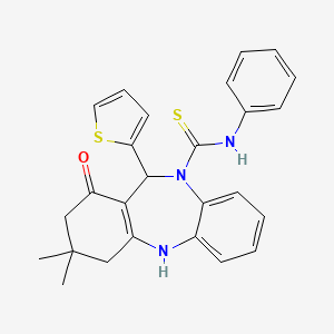 molecular formula C26H25N3OS2 B5080688 3,3-dimethyl-1-oxo-N-phenyl-11-(2-thienyl)-1,2,3,4,5,11-hexahydro-10H-dibenzo[b,e][1,4]diazepine-10-carbothioamide 