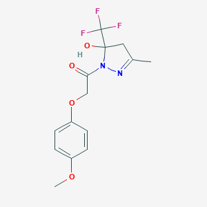 molecular formula C14H15F3N2O4 B508226 1-[5-hydroxy-3-methyl-5-(trifluoromethyl)-4H-pyrazol-1-yl]-2-(4-methoxyphenoxy)ethanone CAS No. 512818-12-1