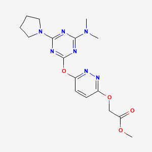 molecular formula C16H21N7O4 B5083938 methyl [(6-{[4-(dimethylamino)-6-(1-pyrrolidinyl)-1,3,5-triazin-2-yl]oxy}-3-pyridazinyl)oxy]acetate 