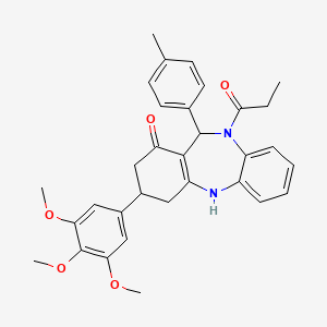 molecular formula C32H34N2O5 B5084831 11-(4-methylphenyl)-10-propionyl-3-(3,4,5-trimethoxyphenyl)-2,3,4,5,10,11-hexahydro-1H-dibenzo[b,e][1,4]diazepin-1-one 