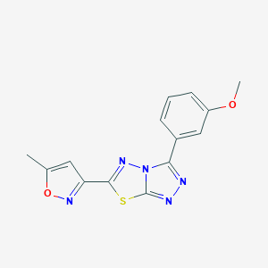 molecular formula C14H11N5O2S B508552 Methyl 3-[6-(5-methyl-3-isoxazolyl)[1,2,4]triazolo[3,4-b][1,3,4]thiadiazol-3-yl]phenyl ether CAS No. 929836-62-4