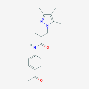 molecular formula C18H23N3O2 B508734 N-(4-acetylphenyl)-2-methyl-3-(3,4,5-trimethyl-1H-pyrazol-1-yl)propanamide CAS No. 942842-03-7