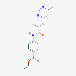 molecular formula C17H19N3O3S B5088226 ethyl 4-({2-[(6-methyl-4-pyrimidinyl)thio]propanoyl}amino)benzoate 